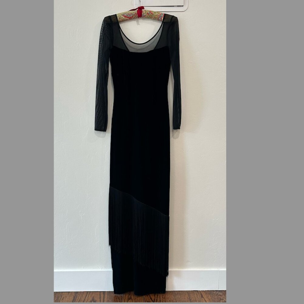 JS Collections Long Black Velveteen Dress with Fringe and long sleeves